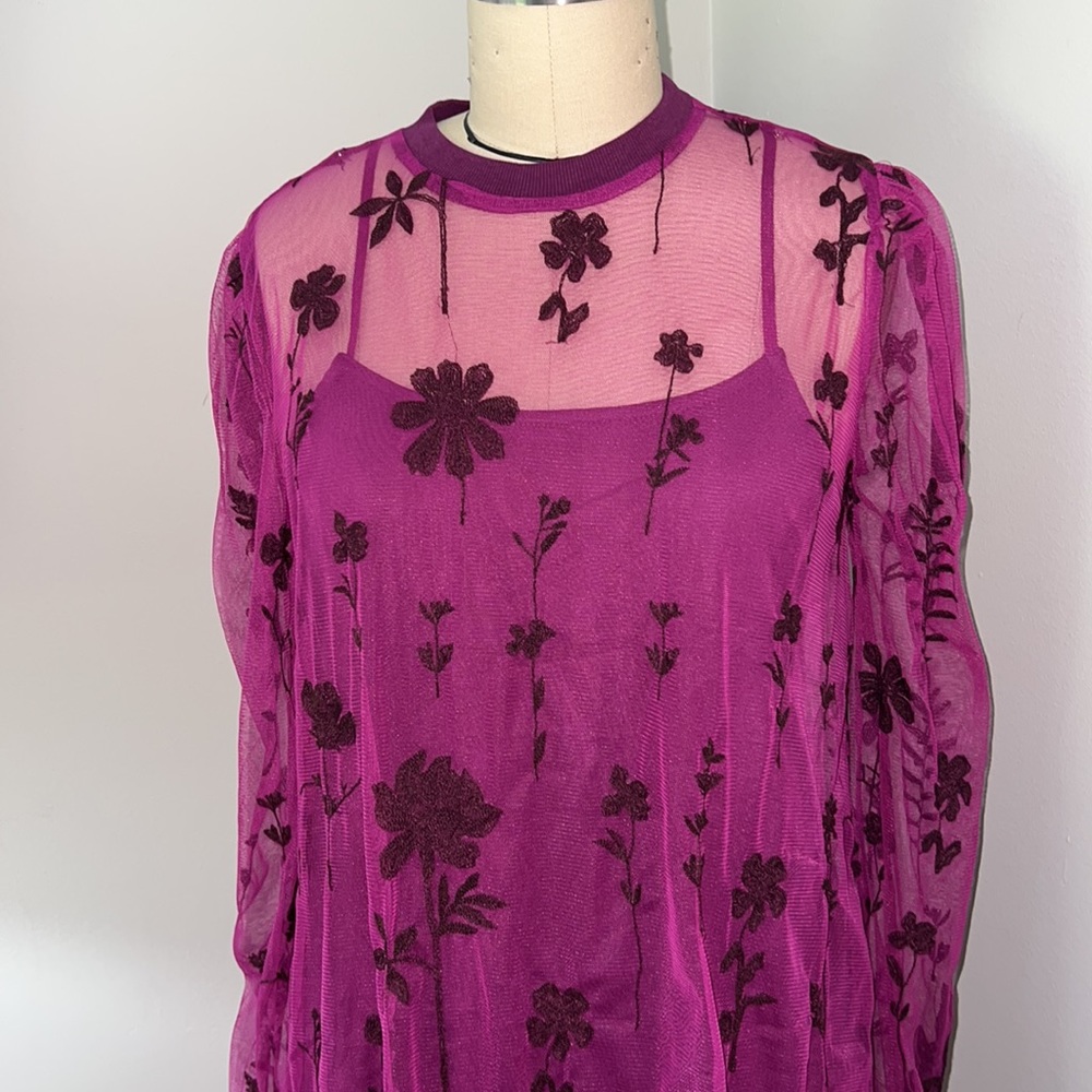 Free People Cecelia Fuchsia Sheer Mini Dress Size X-Small - Picture 7 of 9